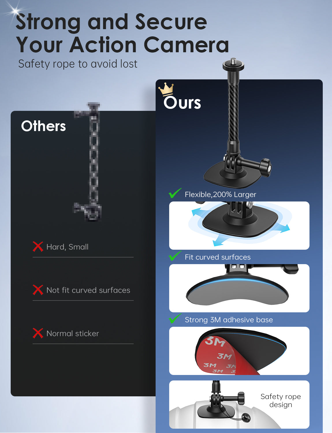 Safety rope included in the Maectech flexible adhesive mount set to avoid losing your gear during extreme sports.