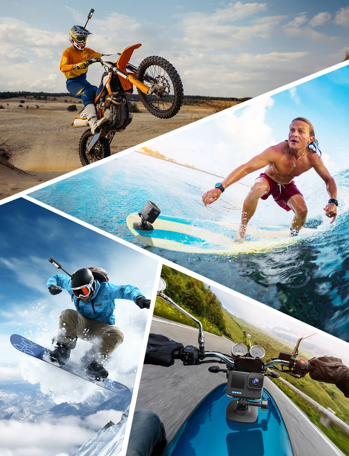 Maectech flexible mount in multiple usage scenarios like biking, hiking, and outdoor adventure filming.