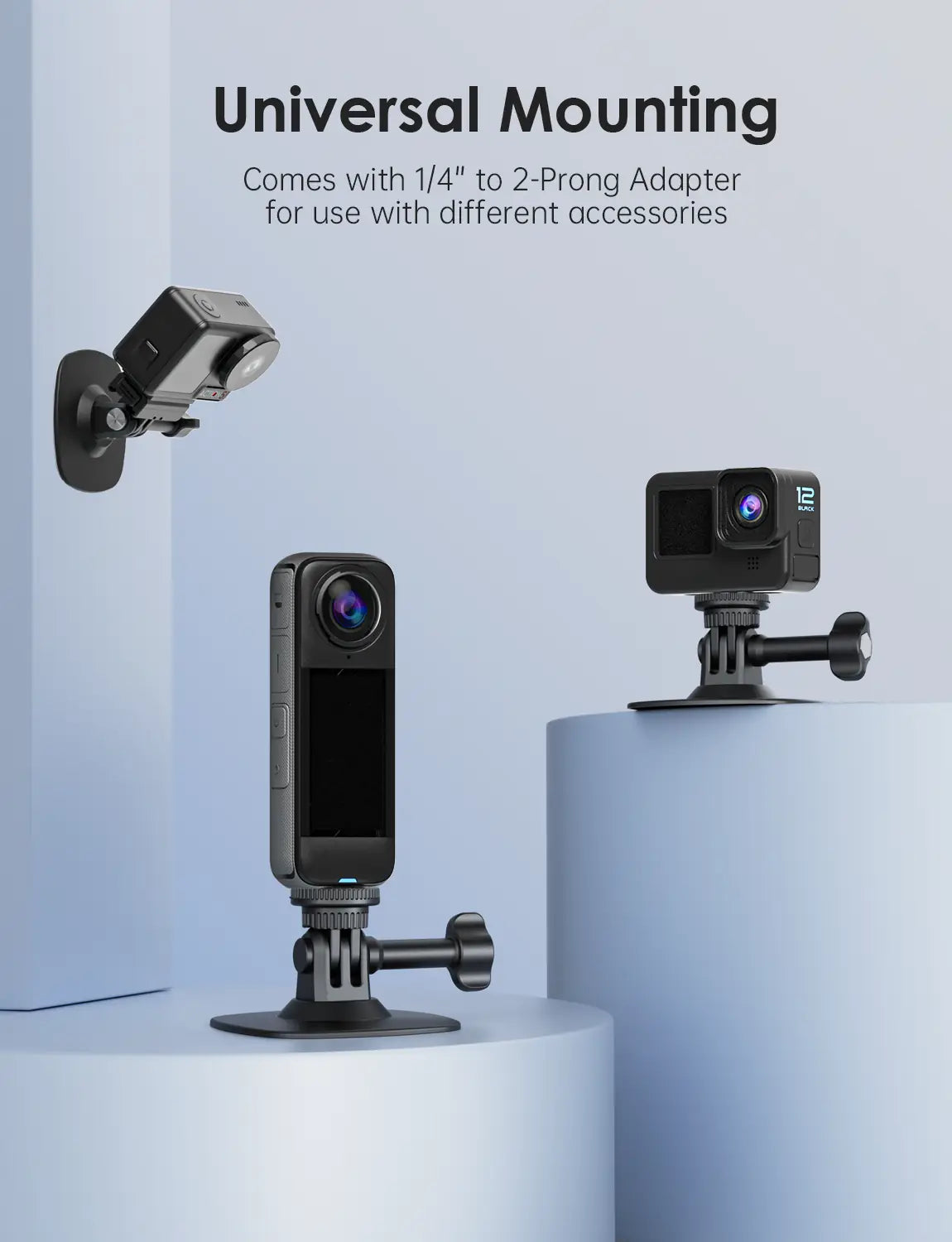 Maectech universal camera mount with 1/4" to 2-prong adapter for compatibility with various accessories