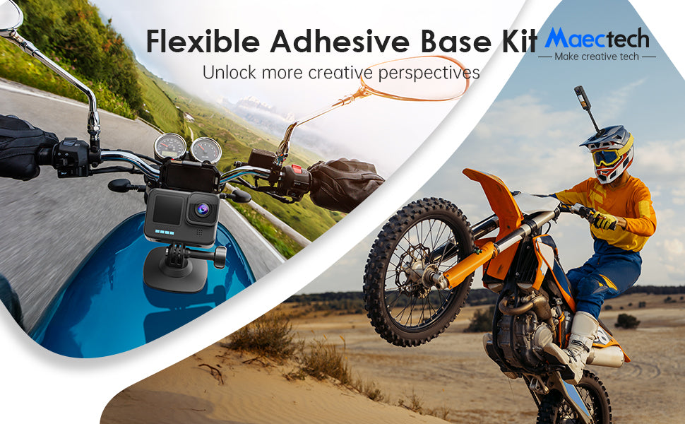 Maectech flexible adhesive mounts for action cameras easily attach to both flat and curved surfaces for versatile shooting