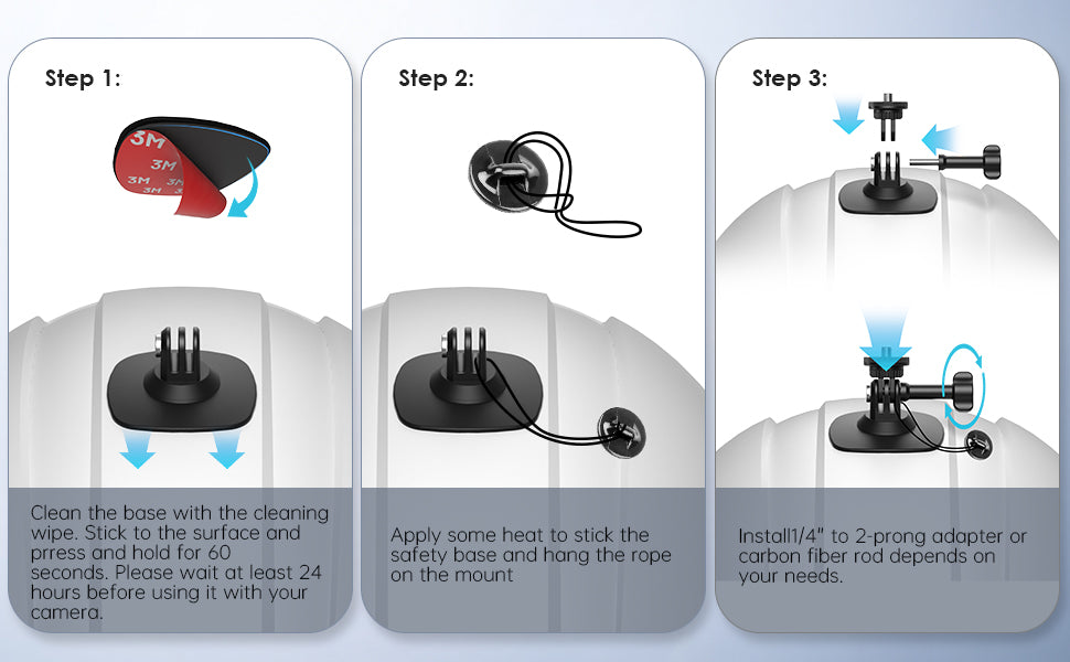 Maectech adhesive mount installation steps for action cameras, quick and secure setup in just minutes