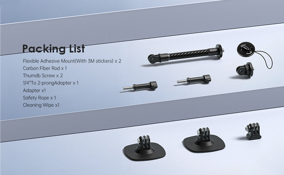 Maectech flexible adhesive mounting kit includes 2 adhesive mounts, carbon fiber rod, thumb screws, adapters, safety rope, and cleaning wipe