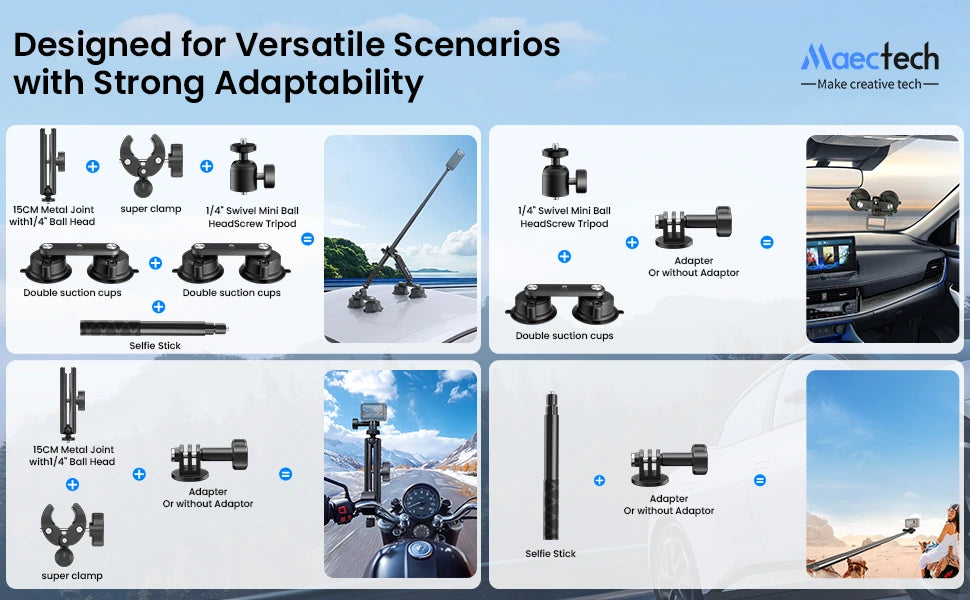 Mactech product display with various camera mounts and accessories on a blue background
