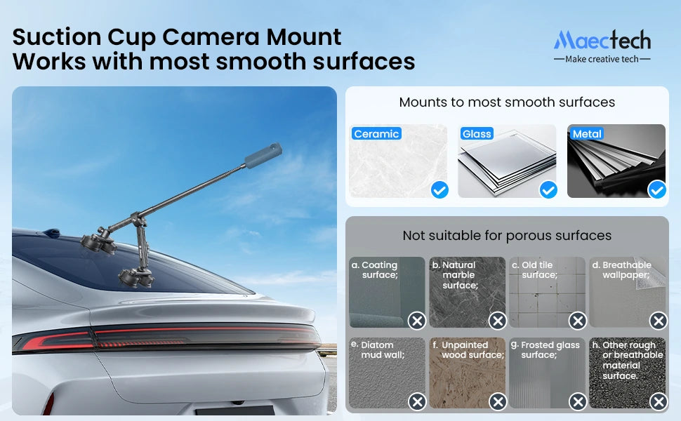 Suction cup camera mount on a car with compatibility information displayed.