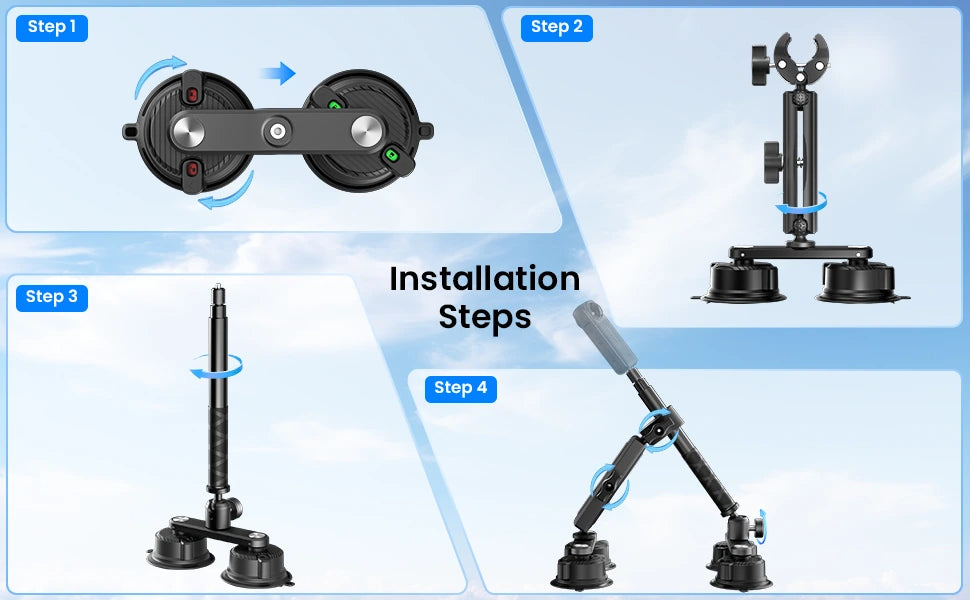 Step-by-step installation guide for a mechanical device on a blue background