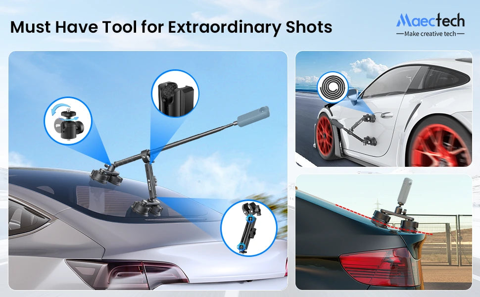 Camera stabilizing tool for car with images of a car and camera equipment.