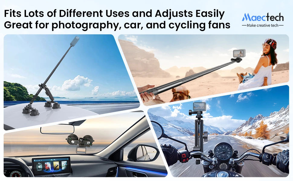 Multifunctional camera stabilizer used in various settings including car, motorcycle, and scenic landscapes.