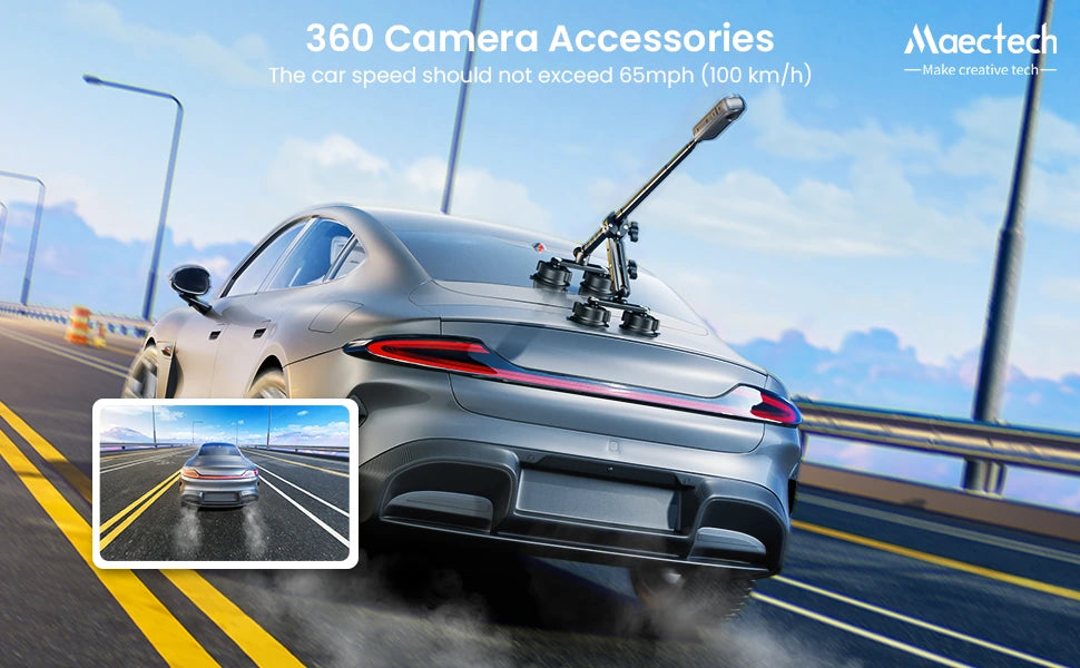 Car with a 360 camera accessory on a road, with text about speed limits.