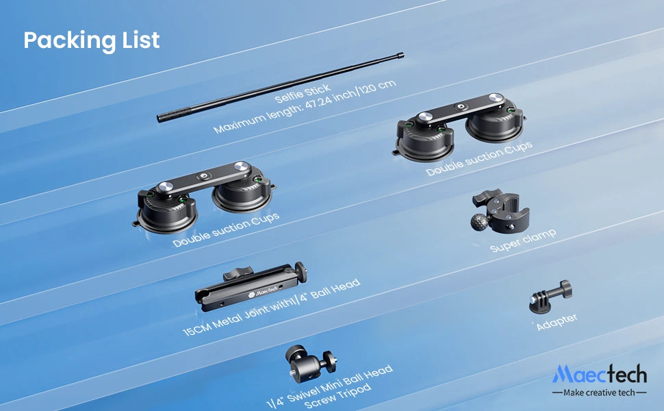 Packing list of sewing machine attachments on a blue background with Maetech branding.