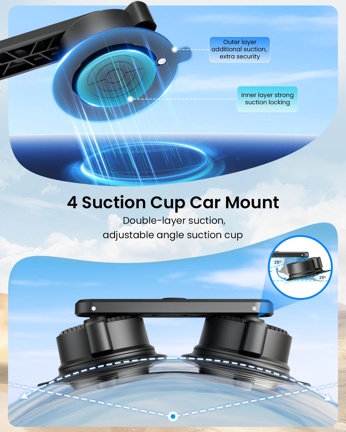Suction cup car mount with detailed features on a blue background
