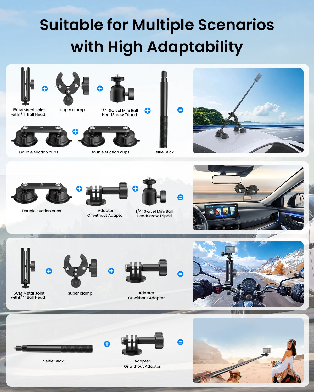 Set of camera mounting accessories with various uses including car, motorcycle, and outdoor scenarios.