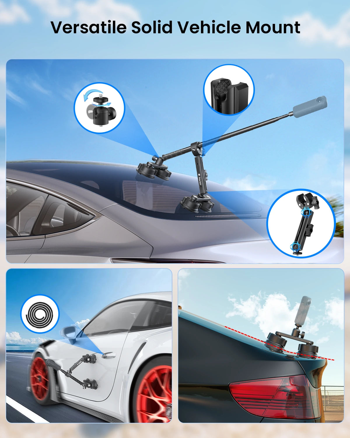 Versatile solid vehicle mount on a car roof with additional uses shown.