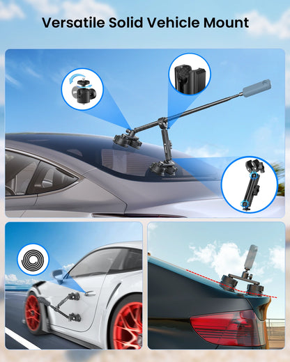 Versatile solid vehicle mount on a car roof with additional uses shown.