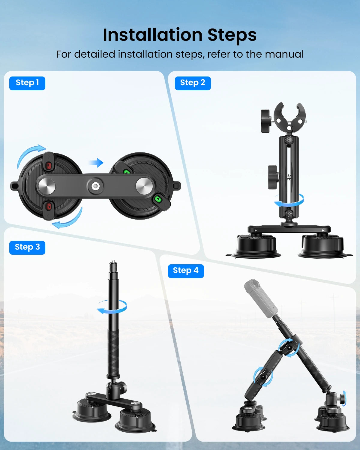 Step-by-step installation guide for a mechanical device with labeled steps on a blue background.