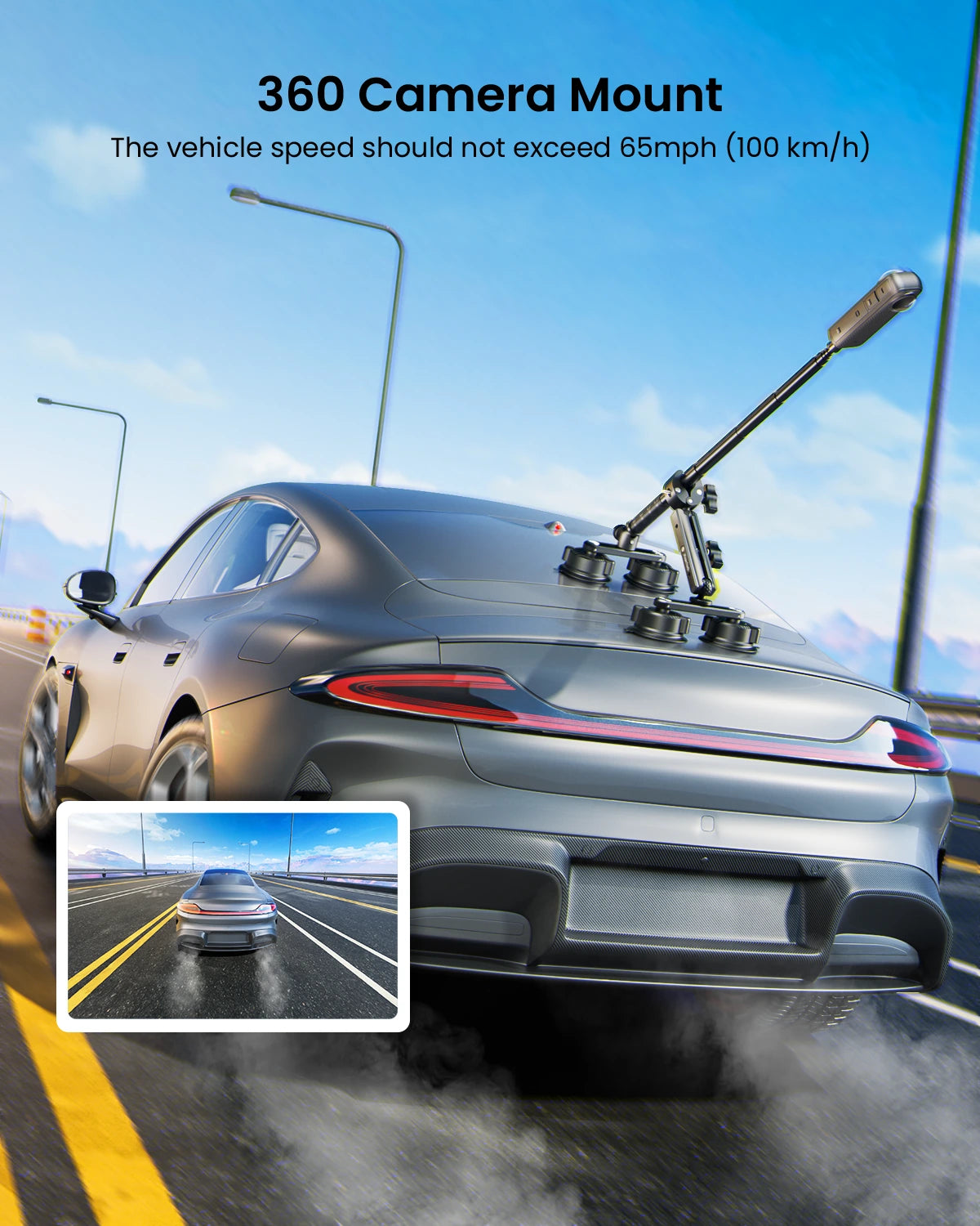 Car with a 360 camera mount on the roof, driving on a highway.