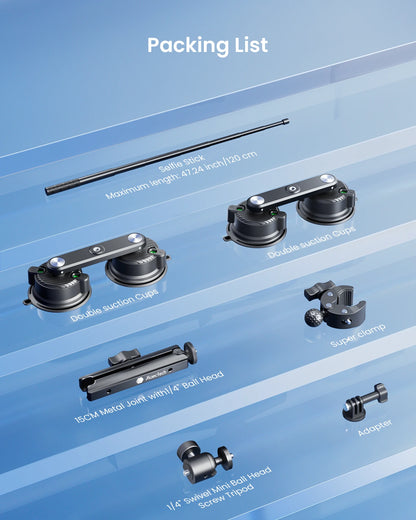 Packing list of various camera accessories on a blue background