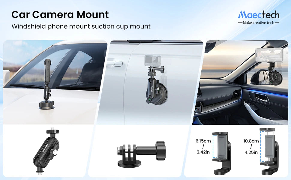 Car camera mount with suction cup for windshield and interior use, featuring Maectech branding.