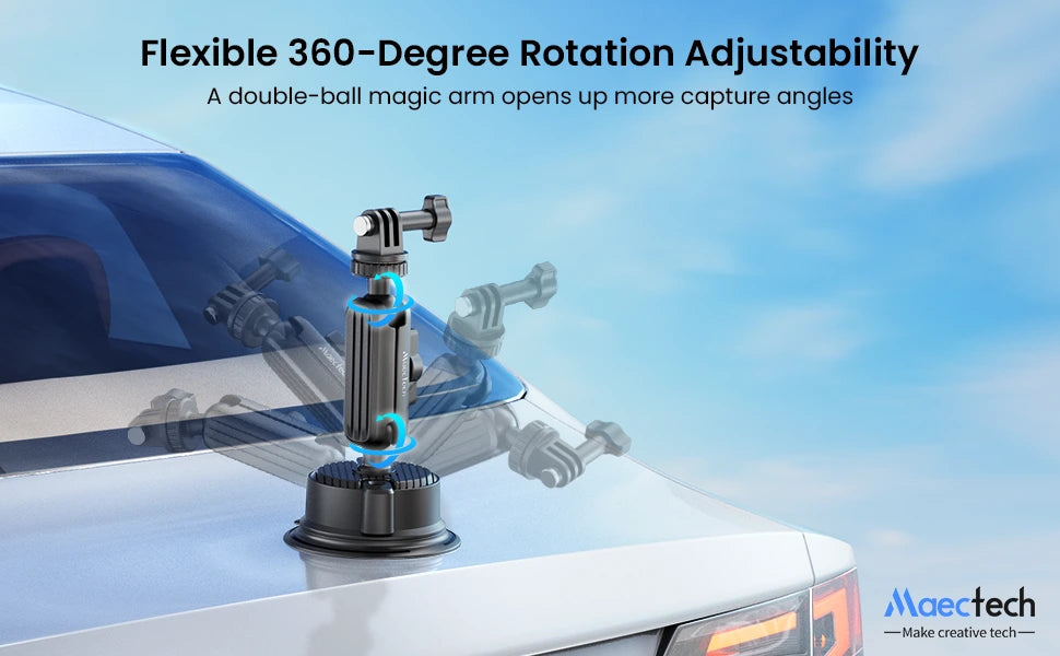 Camera mount on a car with a blue sky background, highlighting flexible 360-degree rotation.