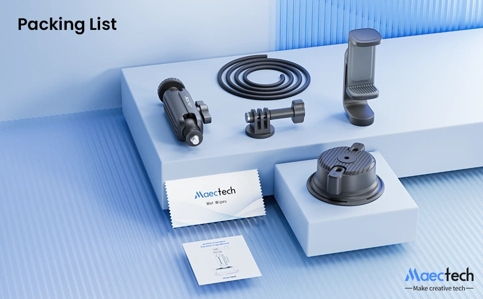 Packing list with technical components and Maectech branding on a blue background
