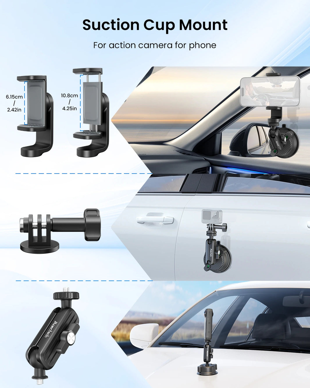Suction cup mount for action camera on a car window with measurements and product display.