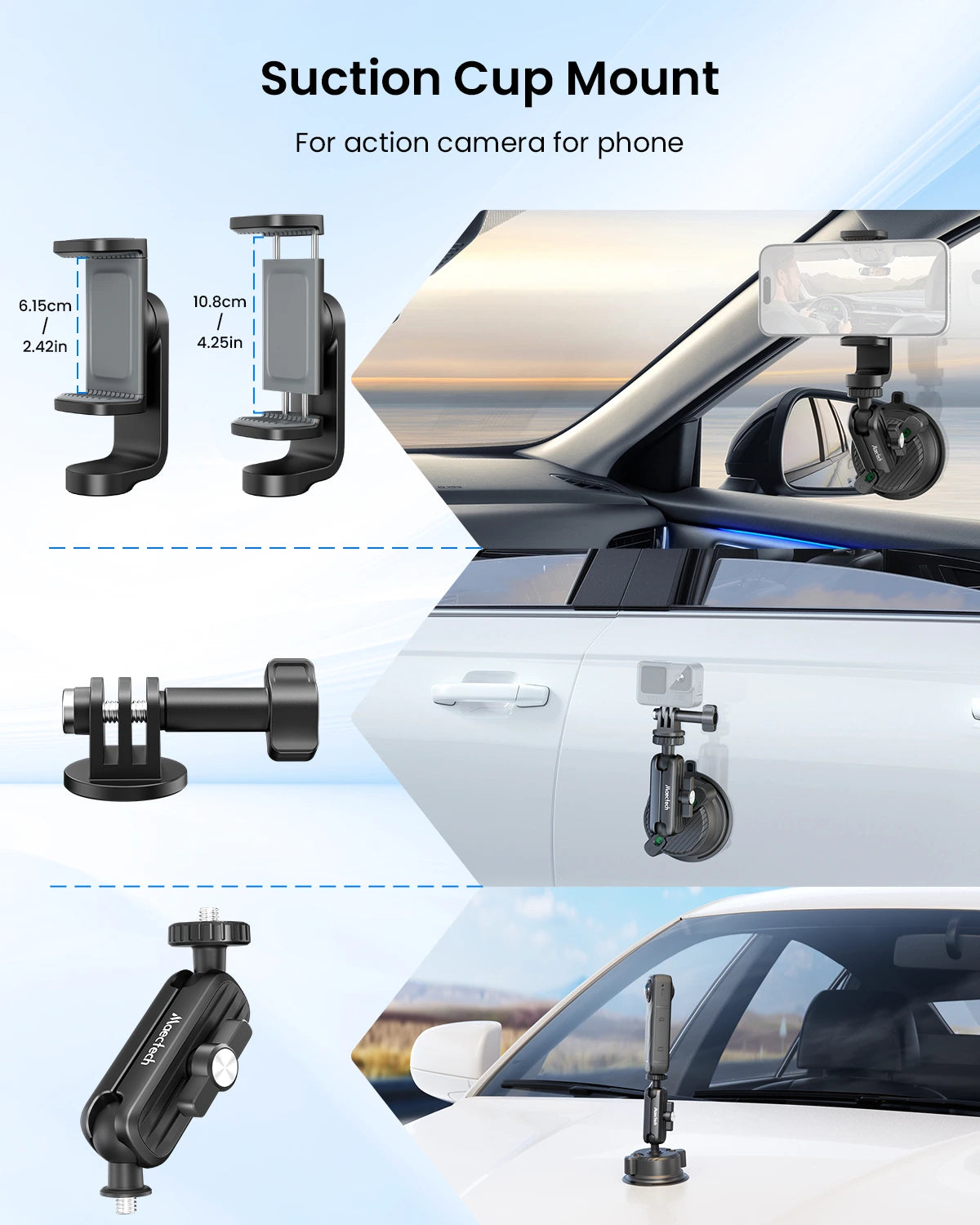 Suction cup mount for action camera on a car window with measurements and product display.