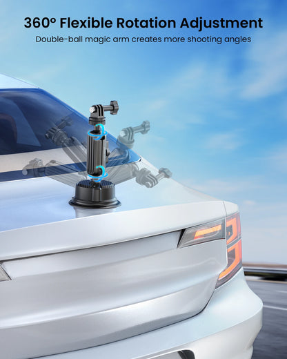 Car roof rack with 360° flexible rotation adjustment on a car hood against a blue sky background.