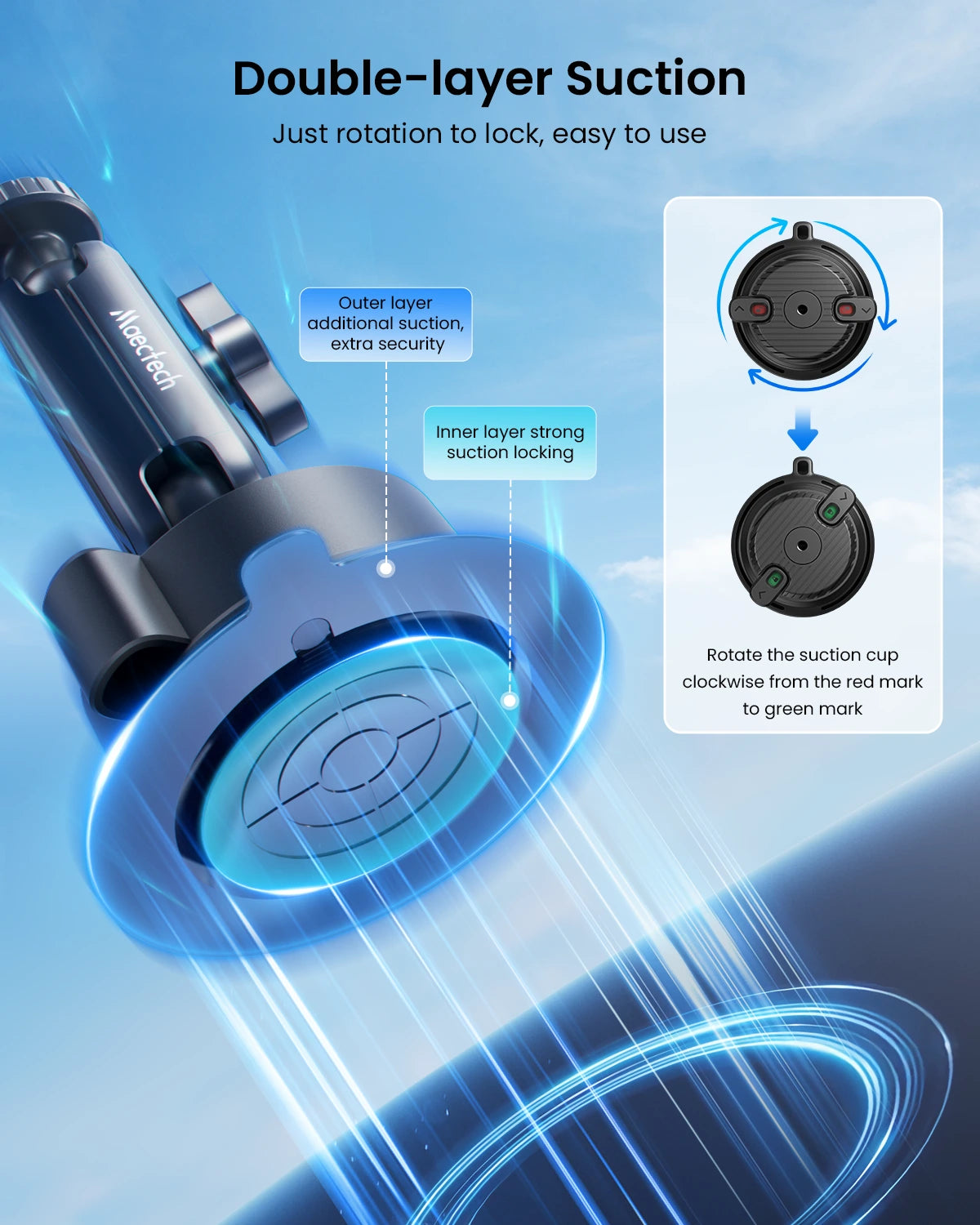 Suction cup with double-layer design and rotation mechanism on a blue background