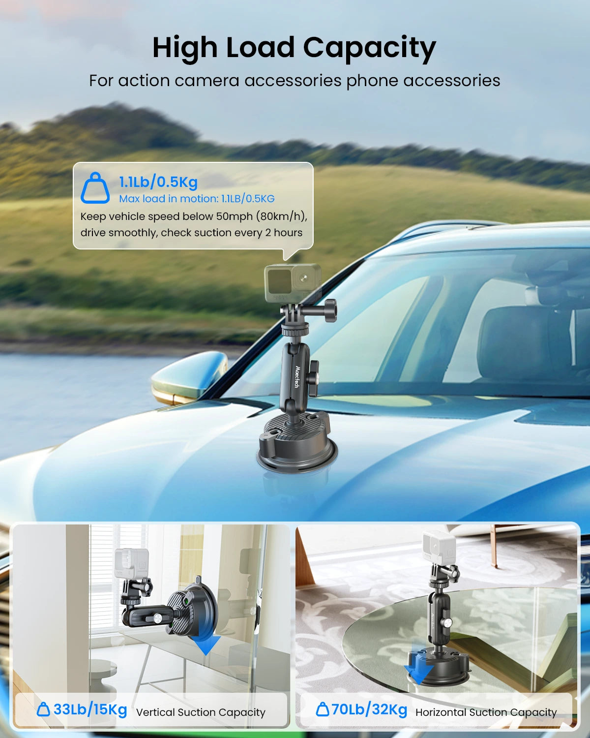 Car roof mount with high load capacity for action camera and phone accessories, shown on a car with a scenic background.