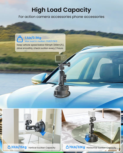 Car roof mount with high load capacity for action camera and phone accessories, shown on a car with a scenic background.