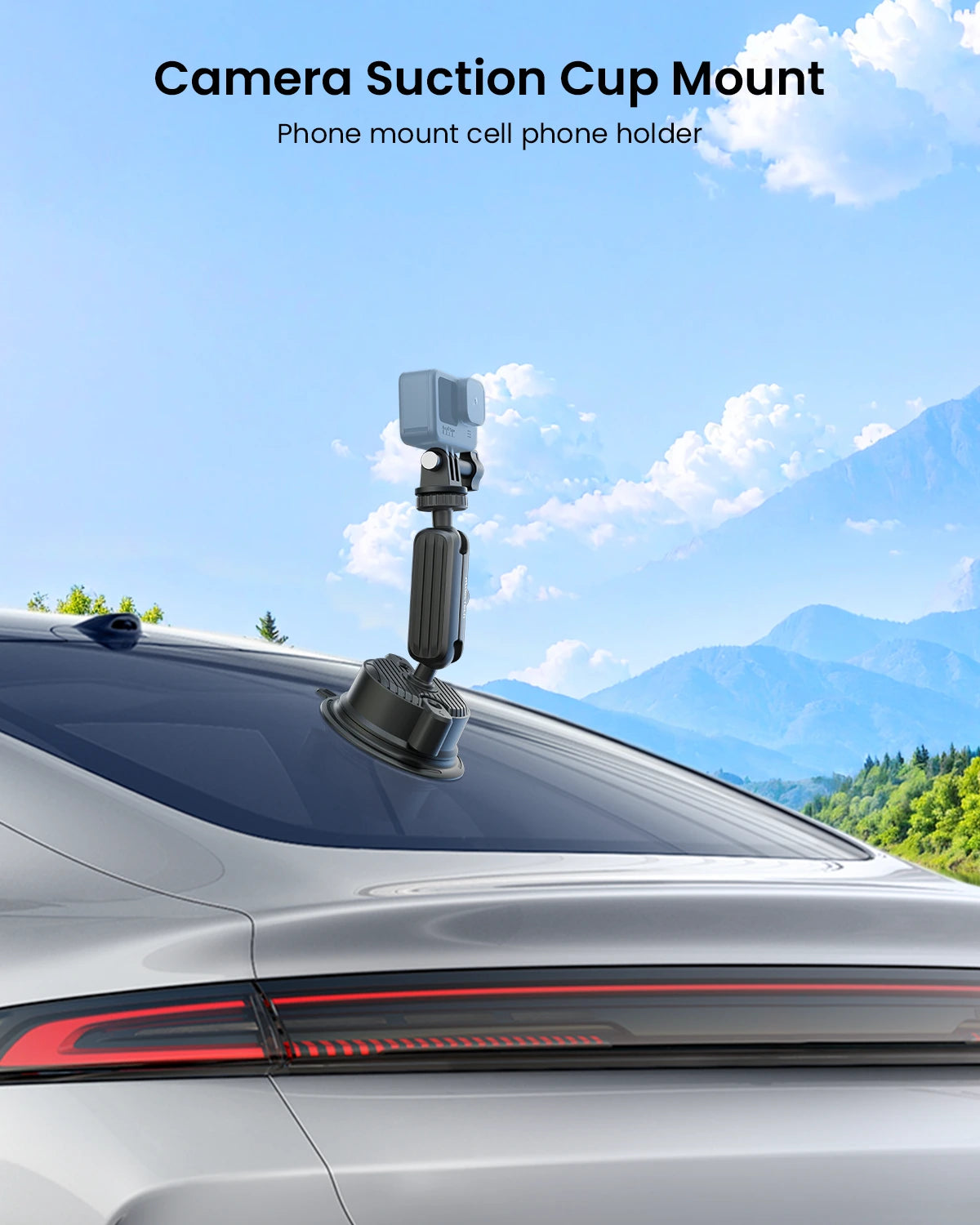 Camera suction cup mount on a car roof with a scenic background