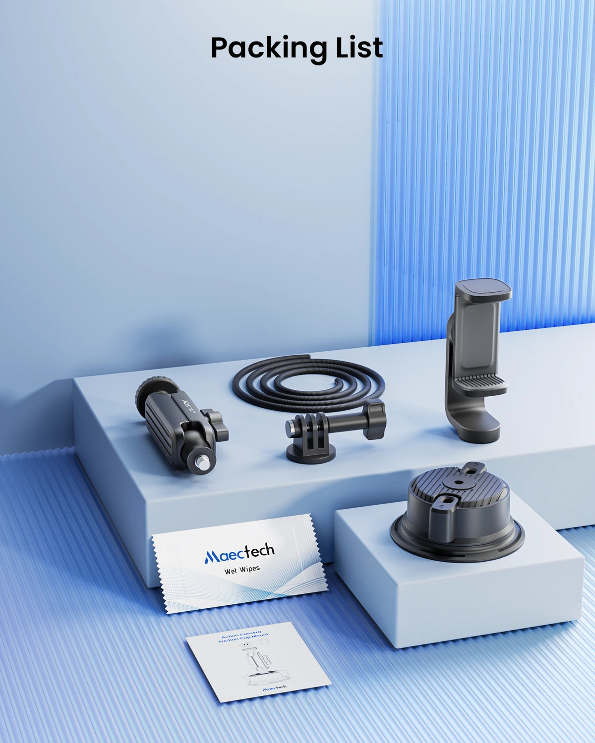 Packing list with electronic components on a blue background
