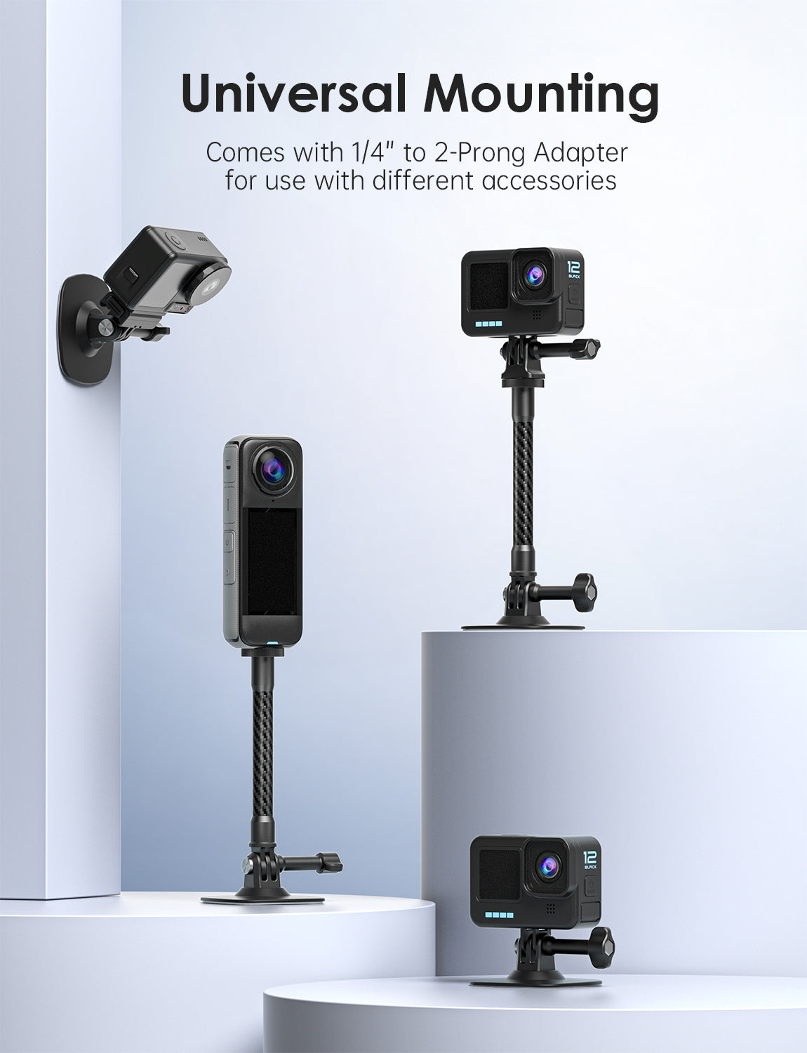 Maectech adhesive mount kit comes with a 1/4" to 2-prong adapter compatible with various camera accessories.