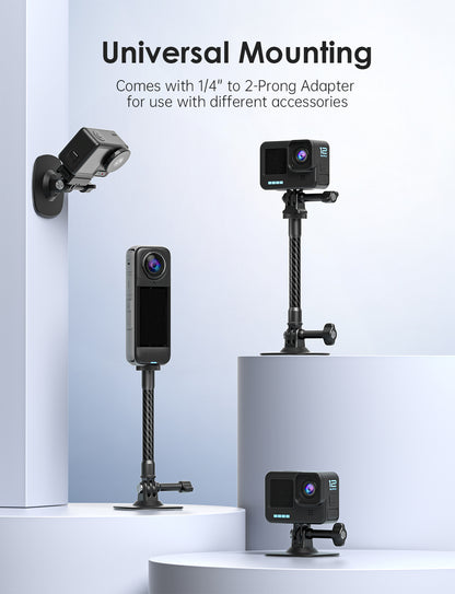 Maectech adhesive mount kit comes with a 1/4" to 2-prong adapter compatible with various camera accessories.