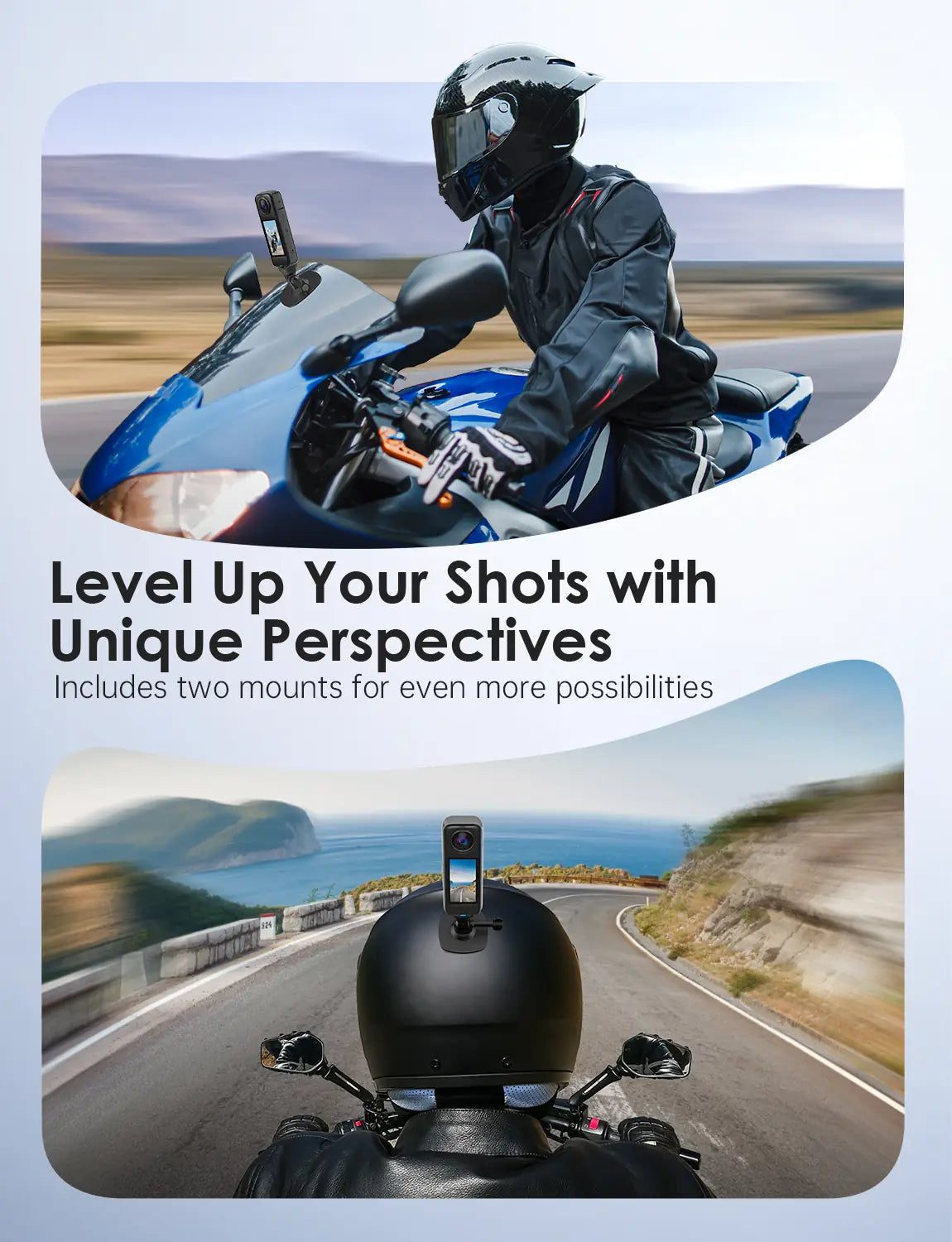 Maectech flexible camera mount securely attached to both a helmet and a motorcycle surface