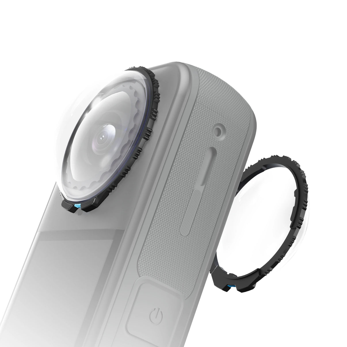 Close-up of a Insta360 X5 with Maectech Premium Lens Guard on a white background