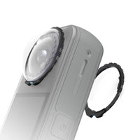 Close-up of a Insta360 X5 with Maectech Premium Lens Guard on a white background