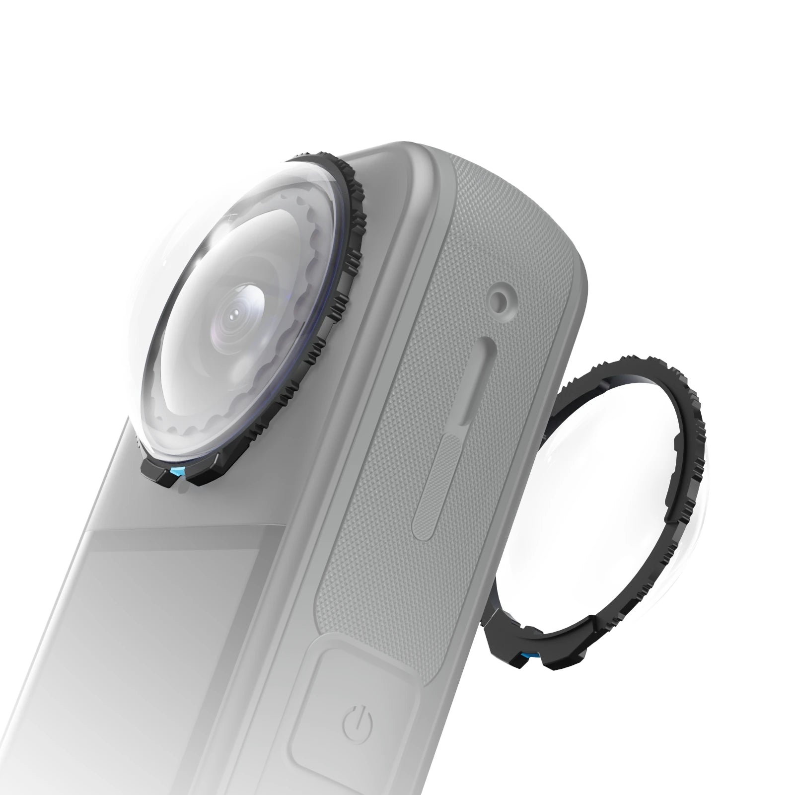 Close-up of a Insta360 X5 with Maectech Premium Lens Guard on a white background