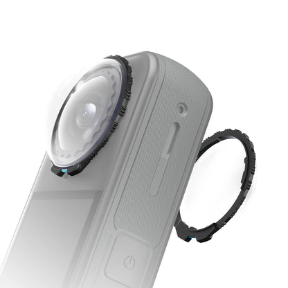 Close-up of a Insta360 X5 with Maectech Premium Lens Guard on a white background