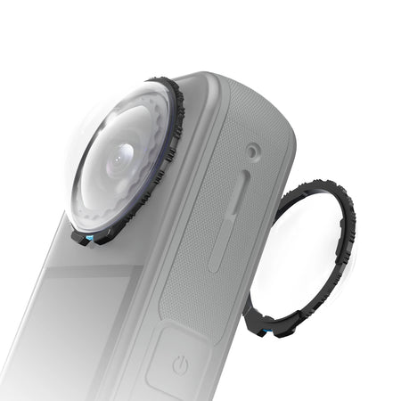 Close-up of a Insta360 X5 with Maectech Premium Lens Guard on a white background