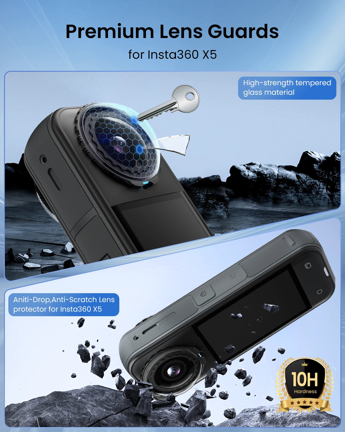 Maectech Premium lens guards for Insta360 X5 with high-strength tempered glass material and anti-drop/anti-scratch features.
