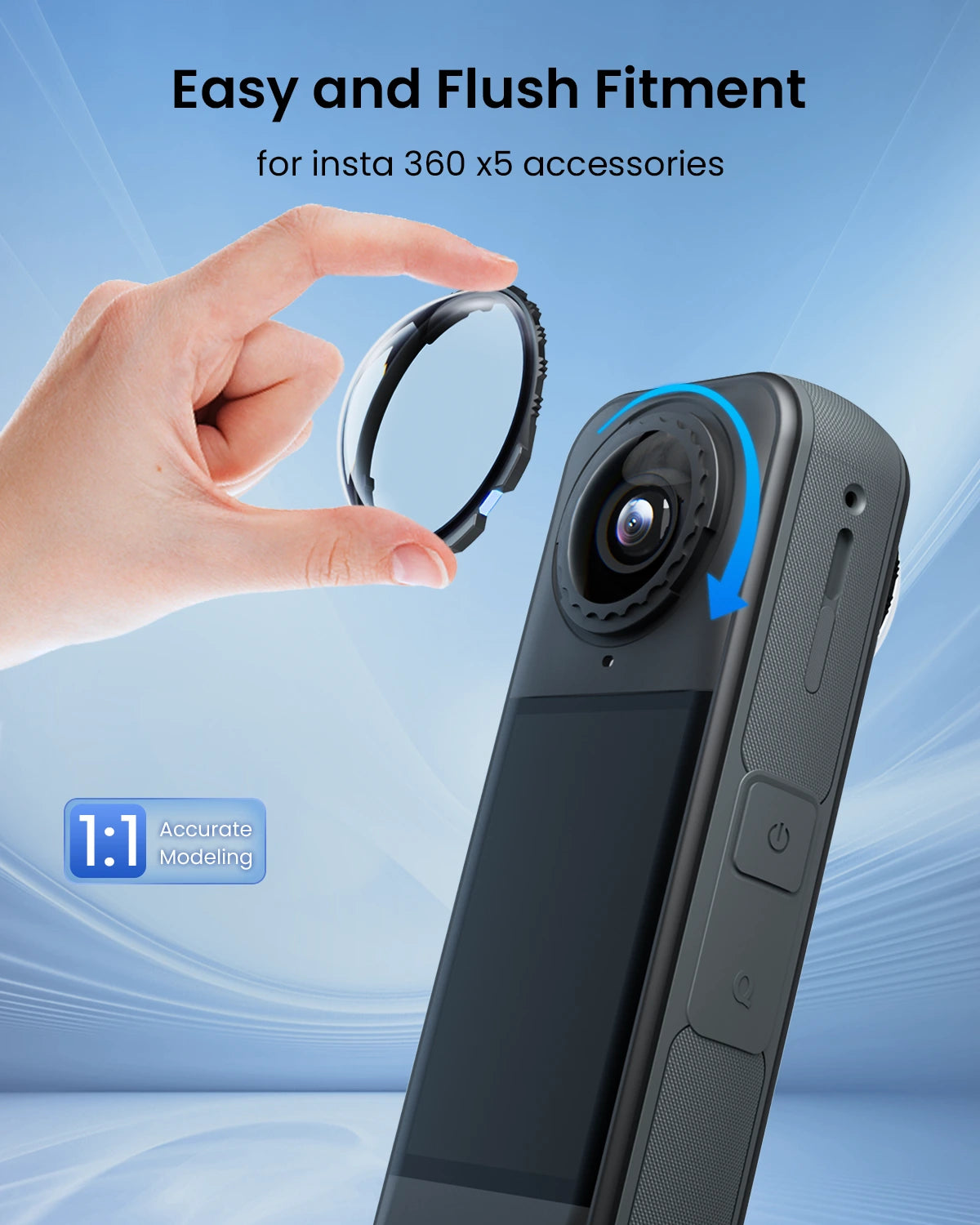 Hand holding a Maectech lens cap over a camera device with text about easy fitment for insta 360 x5 accessories.