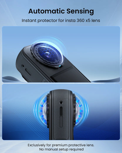 Maectech instant protector for insta 360 x5 lens with automatic sensing feature on a blue background.