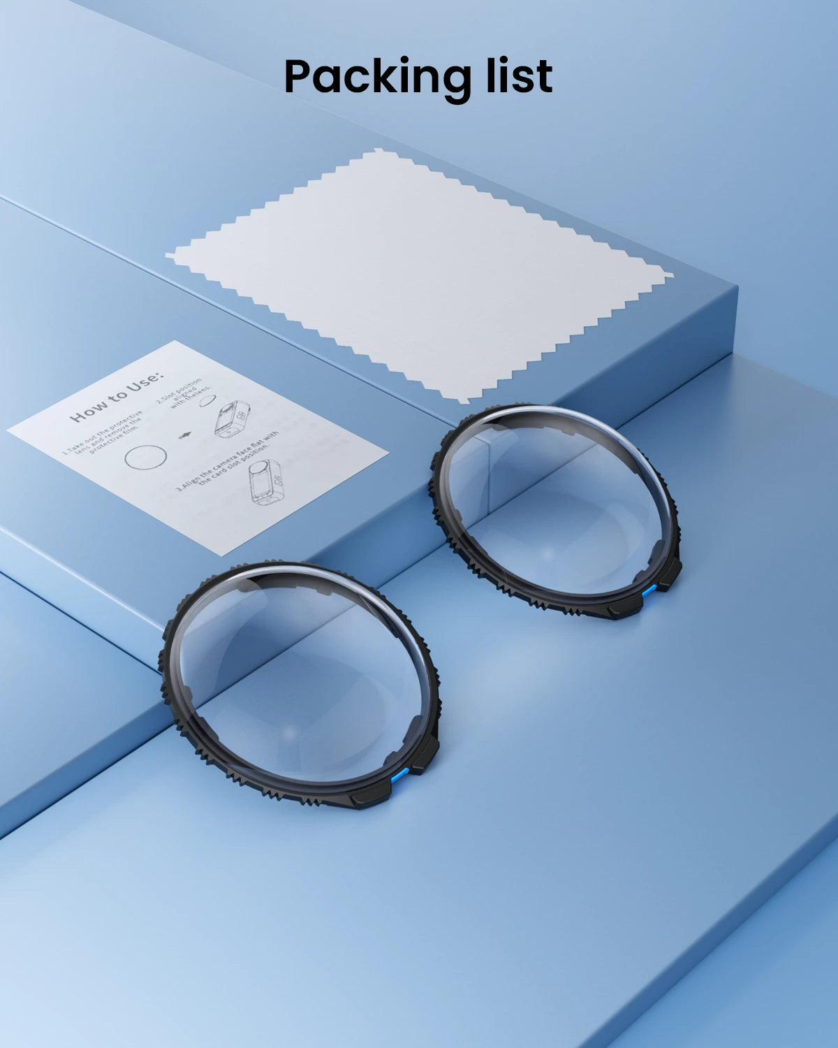 Two Maectech black circular filters on a blue surface with a box and paper in the background.