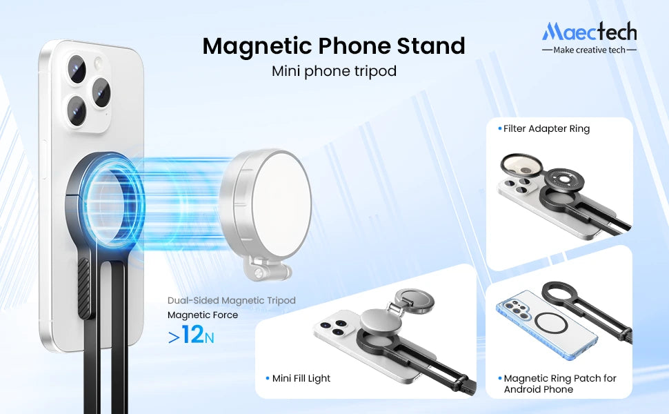 Magnetic phone stand with features and Maectech branding on a light blue background