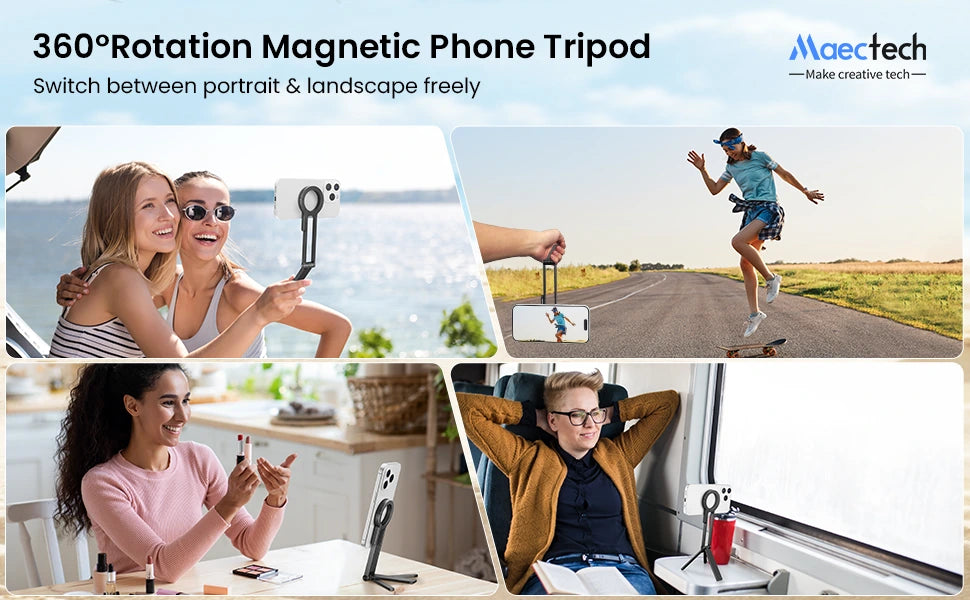 360-degree magnetic phone tripod with multiple usage scenarios and Maectech branding.