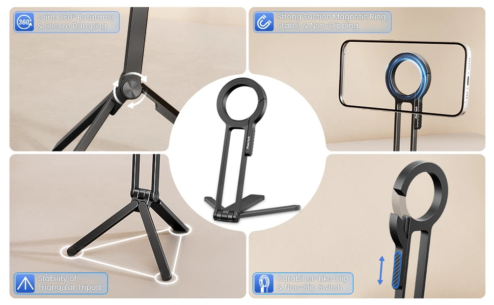 Collapsible stand with adjustable arm on a beige background
