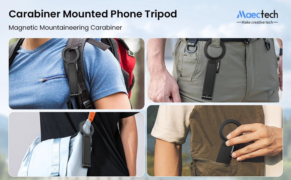 Carabiner-mounted phone tripod with Maectech branding on a promotional graphic.