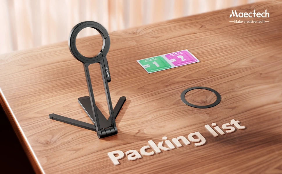 Black stand on a wooden surface with 'Maectech' branding and 'Packing list' text.