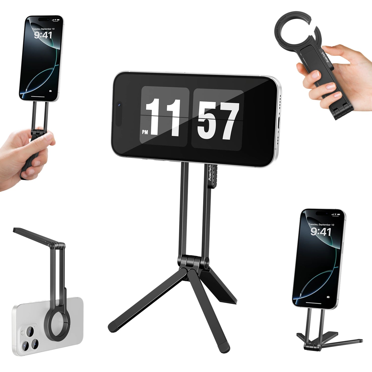 Collection of smartphone stands and holders with digital clock display on a white background
