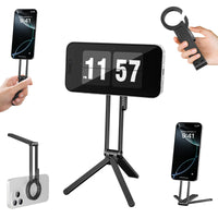 Collection of smartphone stands and holders with digital clock display on a white background